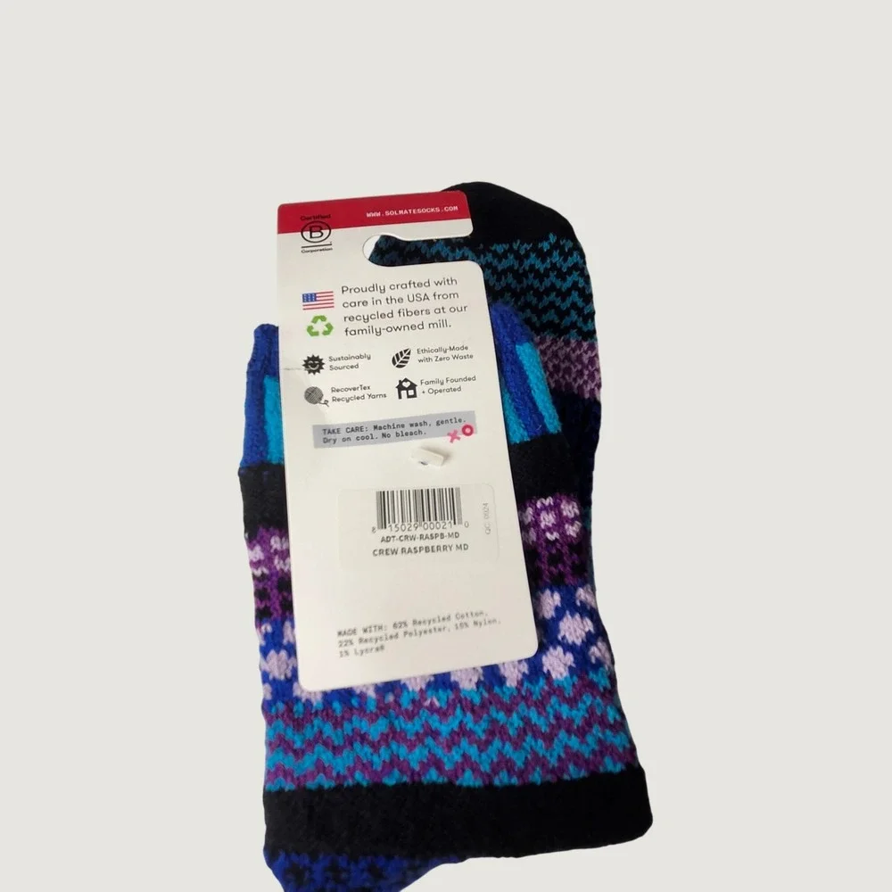 Solmate Socks Crew Socks Medium Raspberry Purple Blue Recycled